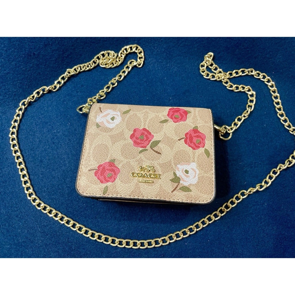 COACH Floral Crossbody Chain Small Purse Bag Roses Logo NWOT Tan